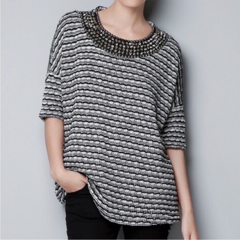 Zara Trafaluc Open Knit Spike Stud Embellished Stripped Sweater sz M
